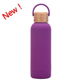 500ml Small Mouth Vacuum Cup Portable Handle Bamboo Wood Cover Water Cup Water Bottle (Option: Dai Purple New Color-500ml)